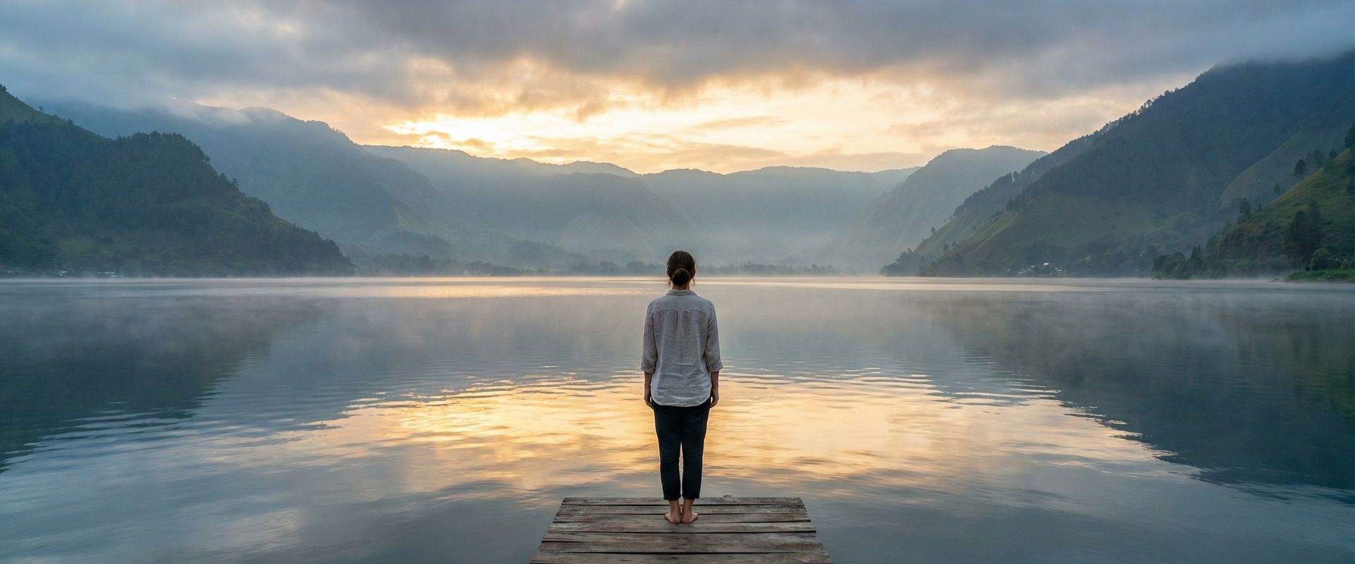 Samotná žena na dřevěném molu u jezera Toba za úsvitu