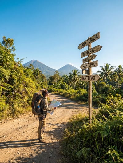 Cestovatel s batohem na rozcestí horské silnice na Sulawesi