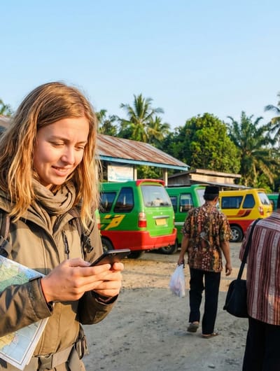 Cestovatelka s batohem na venkovské autobusové zastávce na Sumatře
