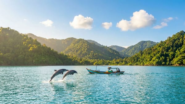 Delfíni skákající v tyrkysové zátoce Kiluan u tradičního dřevěného člunu