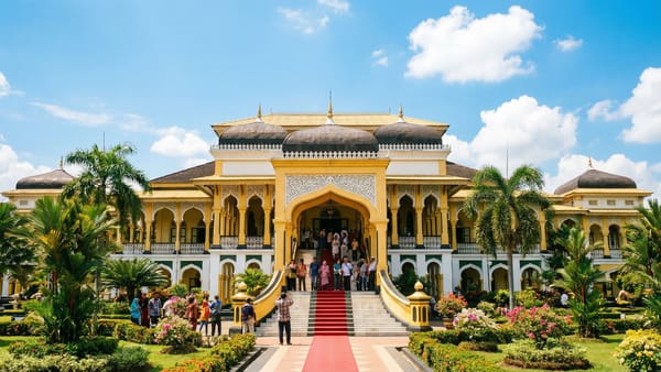 Palác Maimun v Medanu — královský palác s malajskou architekturou v tropických zahradách