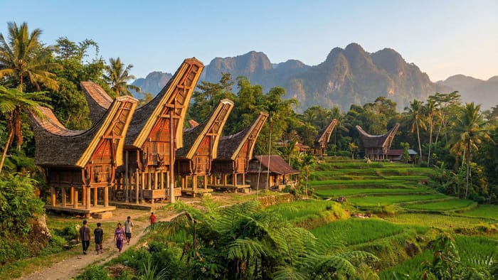 Tradiční domy tongkonan v Tana Toraja s rýžovými poli