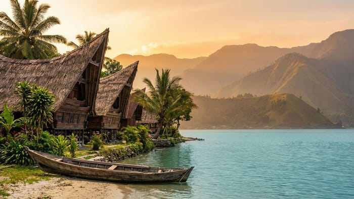 Tradiční batacké domy na břehu jezera Toba při západu slunce