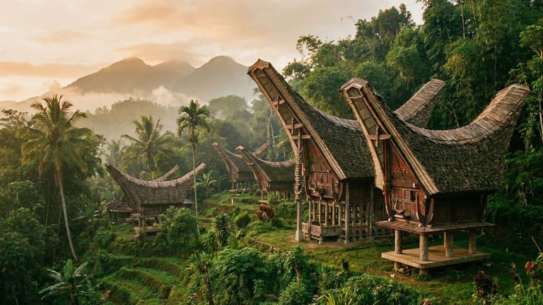Sulawesi — tradiční domy tongkonan v tropické krajině
