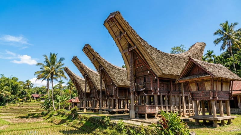 Tradiční domy tongkonan v Tana Toraja