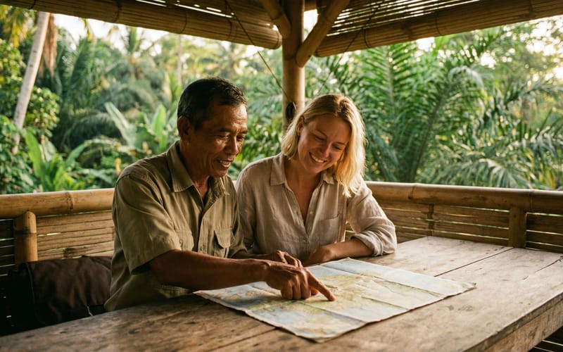 Průvodce plánuje trasu s cestovatelem v bambusovém přístřešku