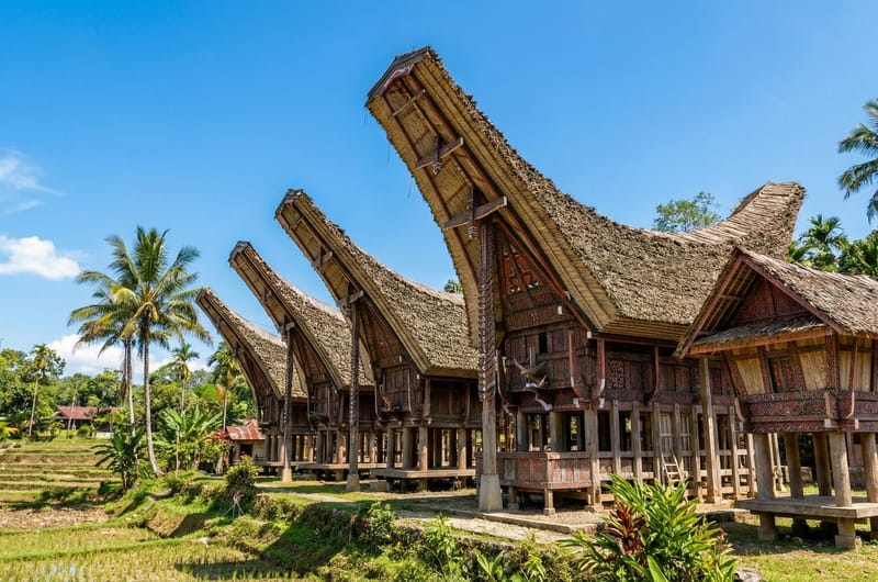 Tradiční domy tongkonan ve tvaru lodí v Tana Toraja